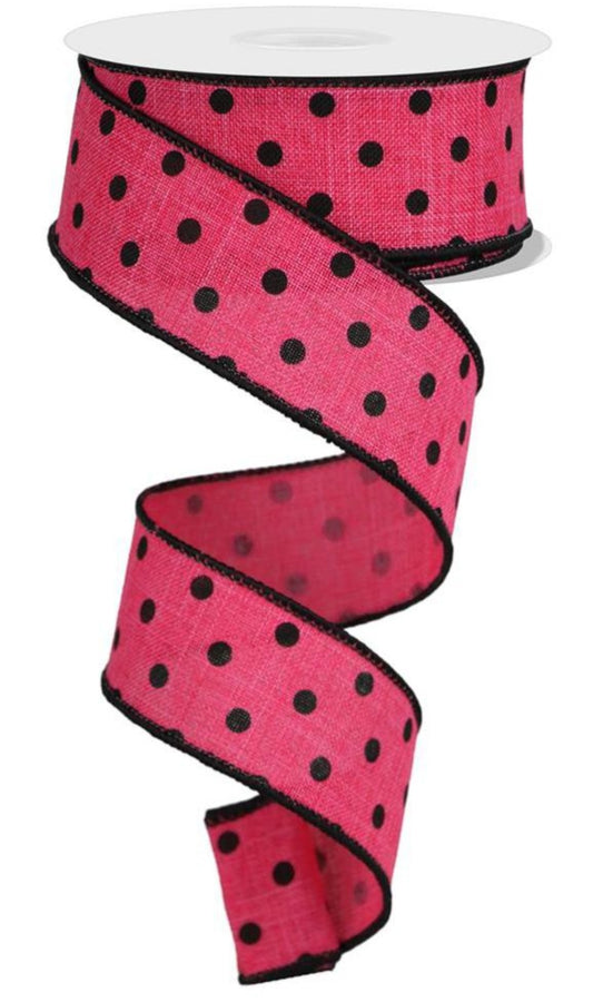 10 Yards - 1.5" Wired Hot Pink and Black Polka Dot Ribbon