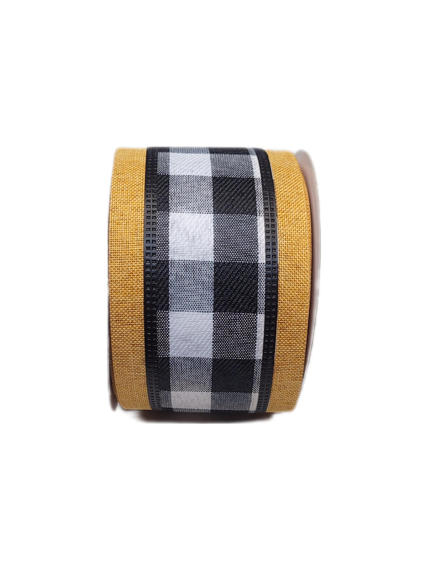 10 Yards - 2.5" Wired Black and White Check Ribbon with Mustard Yellow Edging