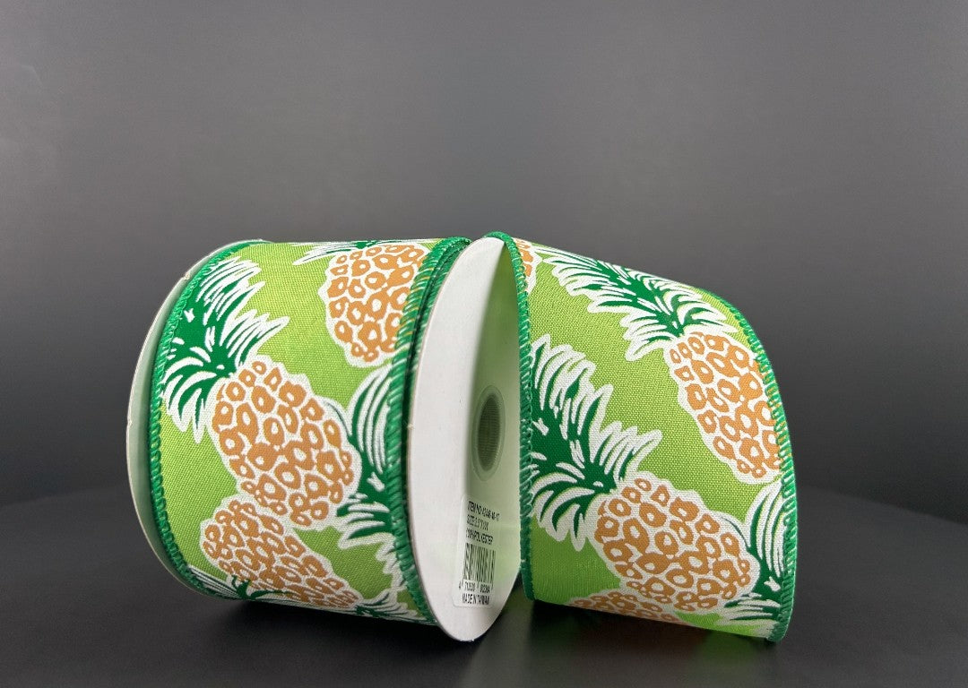 10 Yards - 2.5" Wired Lime Green Background Tropical Pineapple Ribbon