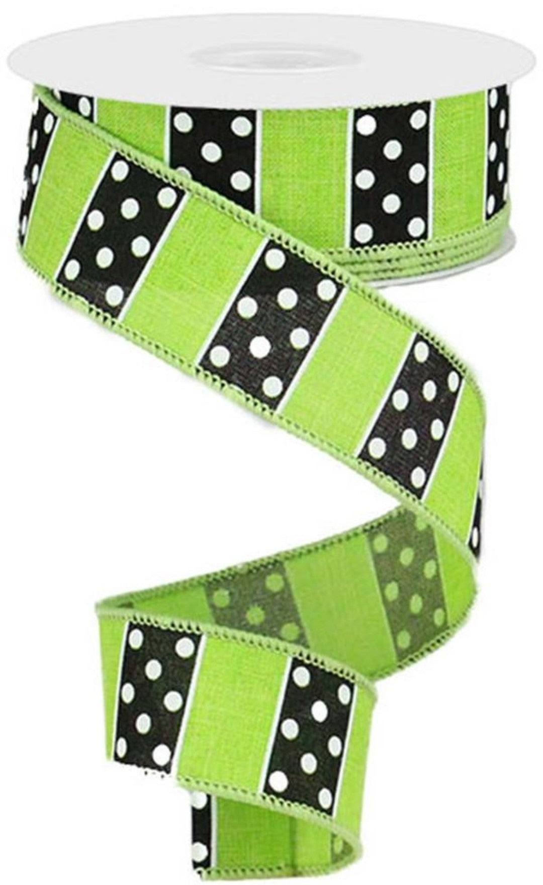 10 Yards - 1.5" Wired Lime Green, Black, and White Stripe Dot Ribbon