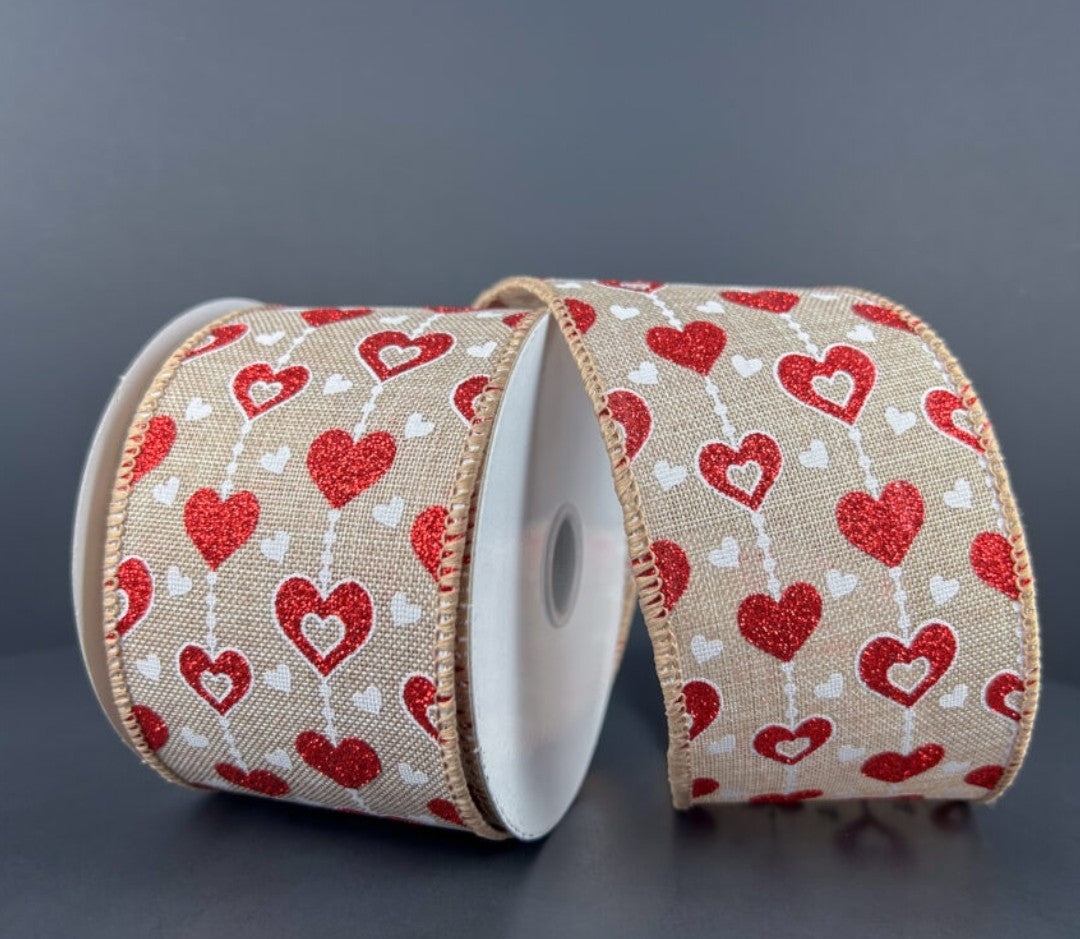 10 Yards - 2.5" Wired Natural Background Valentines Day Heart Ribbon with Glitter Accent