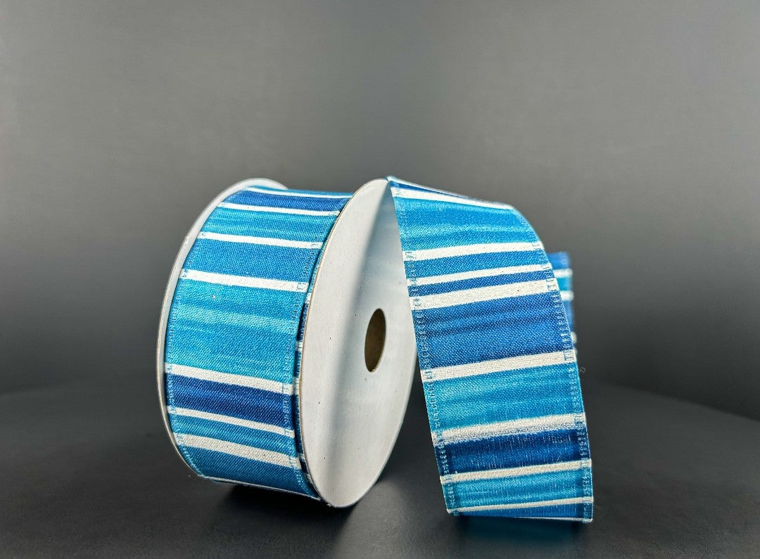 10 Yards - 1.5" Wired Blue and White Stripe Ribbon