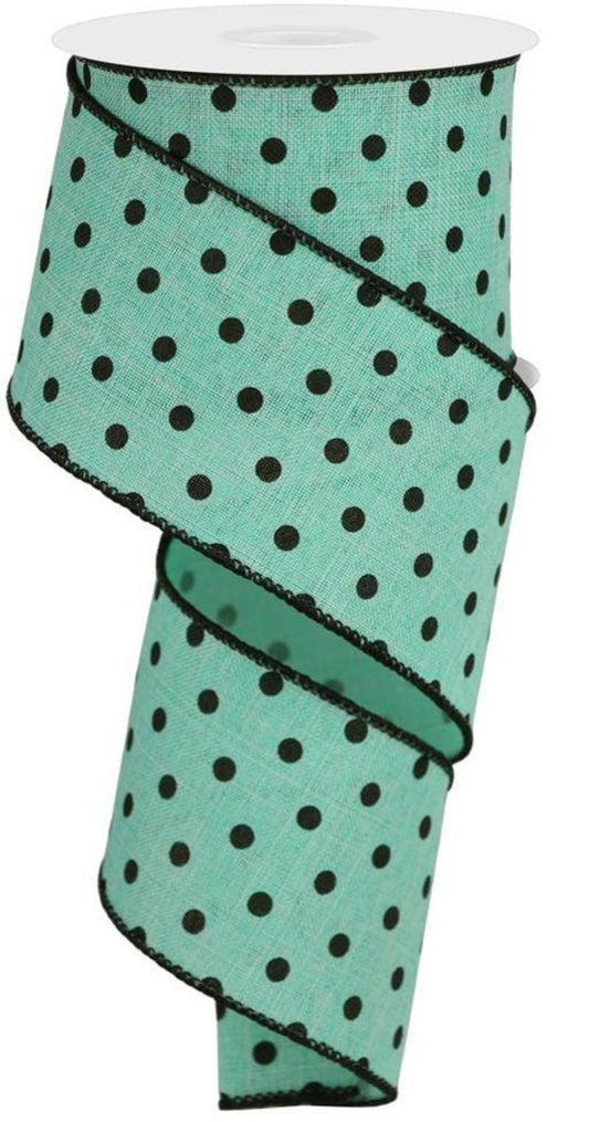 10 Yards - 2.5" Wired Dark Mint and Black Polka Dot Ribbon