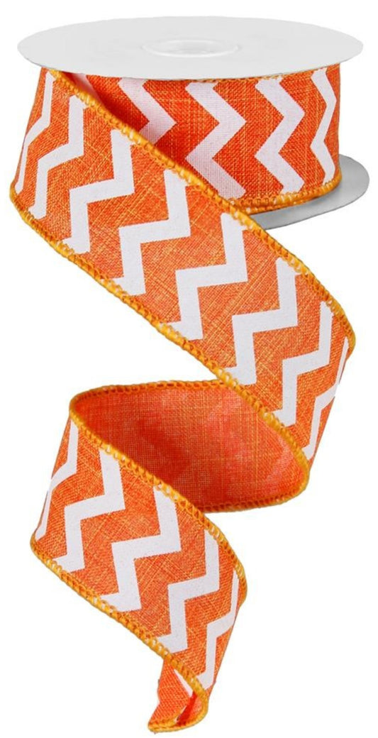 10 Yards - 1.5" Wired Orange and White Chevron Ribbon