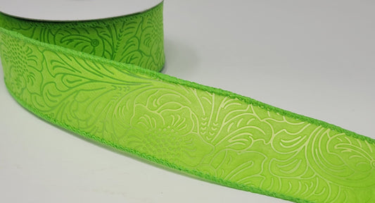 10 Yards - 1.5" Wired Lime Green Floral Embossed Ribbon