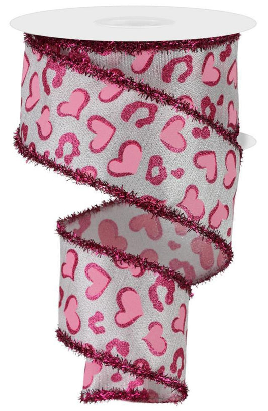 10 Yards - 2.5" Wired Valentines Day Heart and Animal Print Ribbon with Pink Tinsel Edge