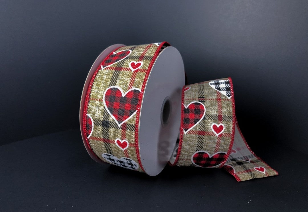 10 Yards - 1.5" Wired Natural Background Plaid Background Check Hearts Valentines Day Ribbon