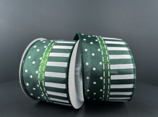 10 Yards - 2.5” Wired Dark Green and White Stripe Polka Dot Ribbon with Glitter Accent