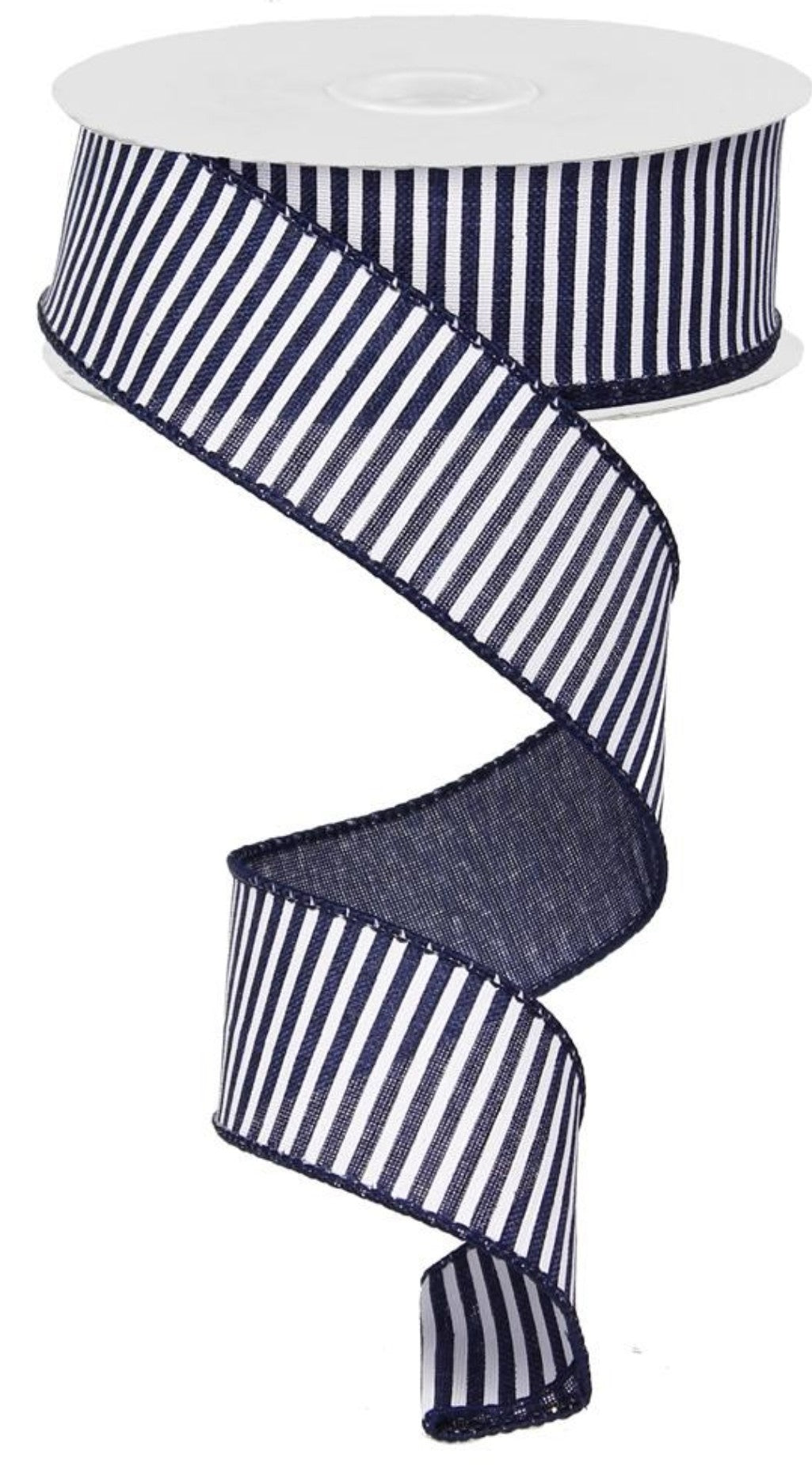 10 Yards - 1.5" Wired Navy Blue and White Stripe Ribbon