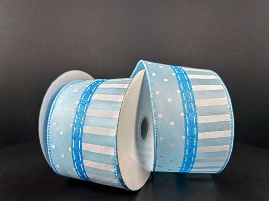 10 Yards - 2.5” Wired Blue and White Stripe Dot Ribbon with Blue Glitter Accent