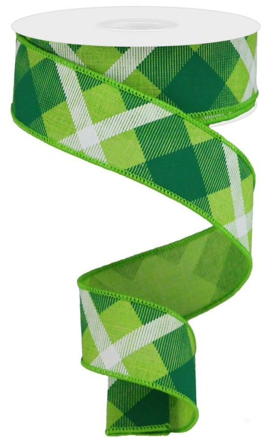 10 Yards - 1.5" Wired Green and White Cross Check Ribbon