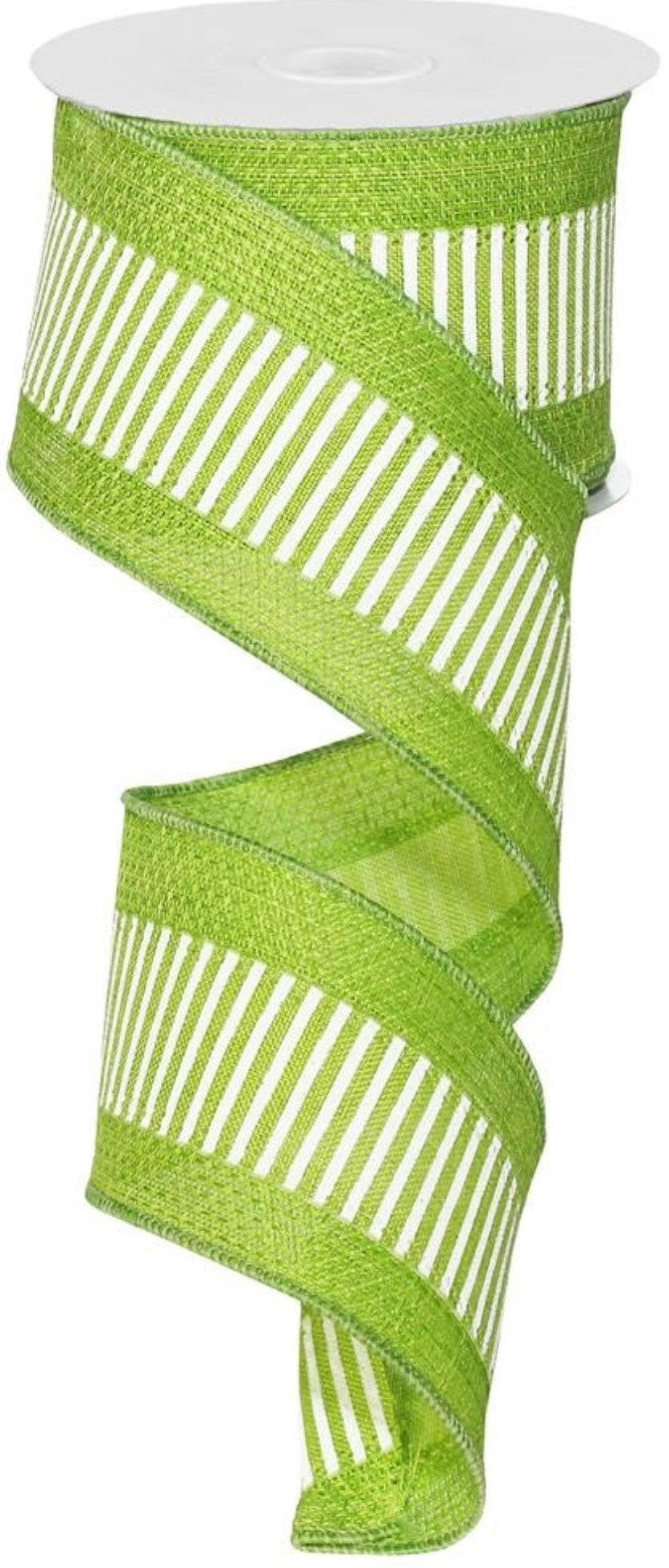 10 Yards - 2.5" Wired Lime Green and White Stripe Ribbon with Lime Green Edging