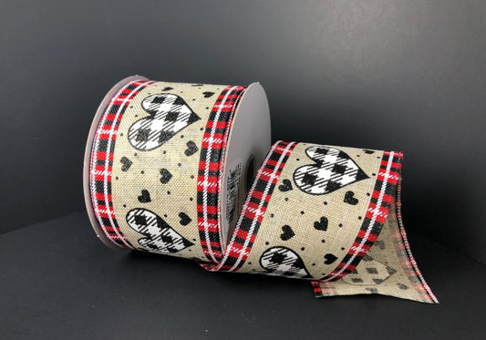 10 Yards - 2.5" Wired Natural Background Plaid Valentines Day Ribbon with Glitter Accent