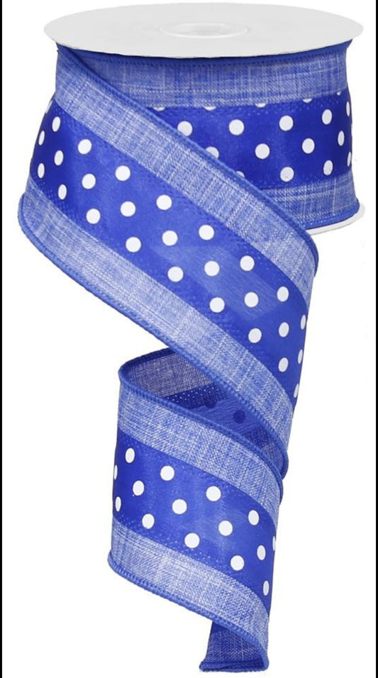 10 Yards - 2.5" Wired Blue and White Polka Dot Ribbon with Blue Edging