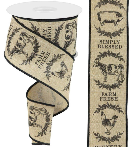 10 Yards - 2.5" Wired Natural and Black Farm Fresh Chicken, Pig, and Cow Ribbon