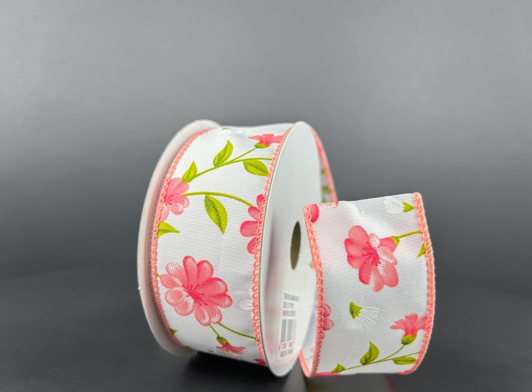 10 Yards - 1.5" Wired White Background Peach Floral Ribbon