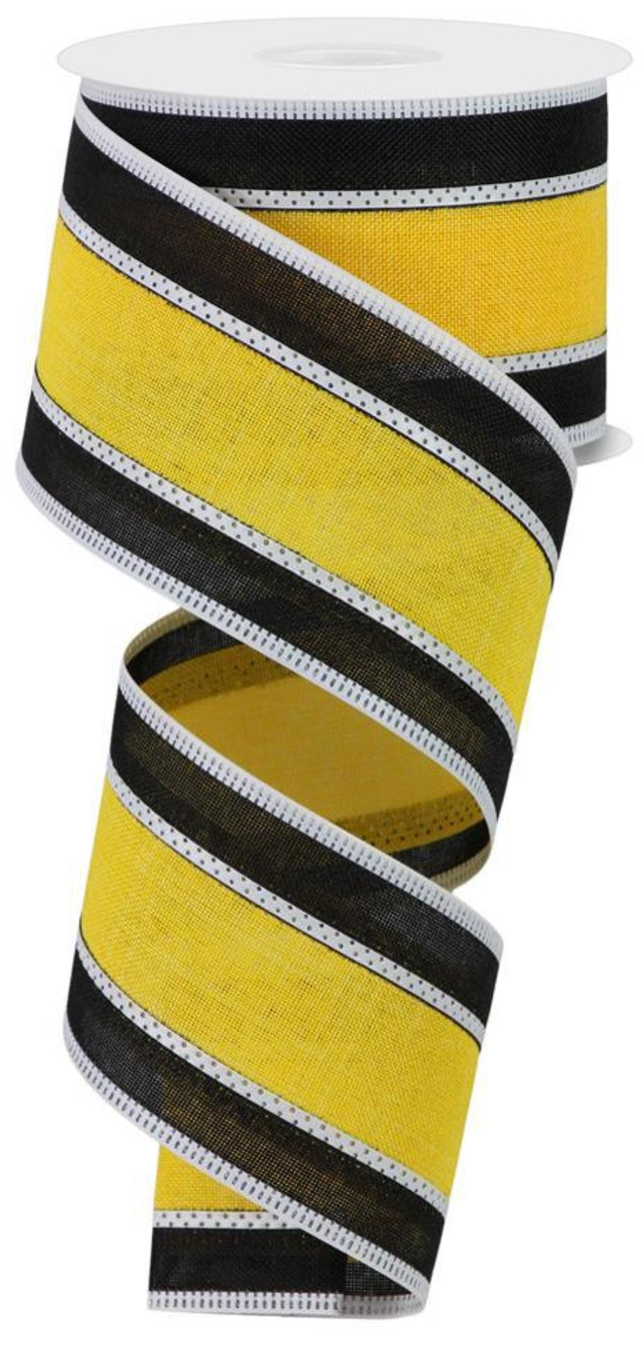 10 Yards - 2.5" Wired Black, Yellow, and White Stripe Ribbon