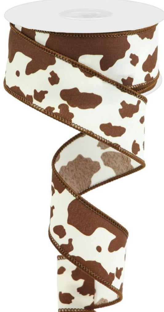 10 Yards - 1.5" Wired Cream and Brown Cow Print Ribbon