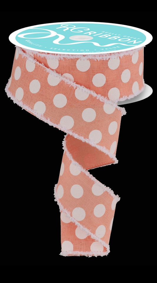 10 Yards - 1.5" Wired Peach and White Polka Dot Ribbon with White Drift Edge