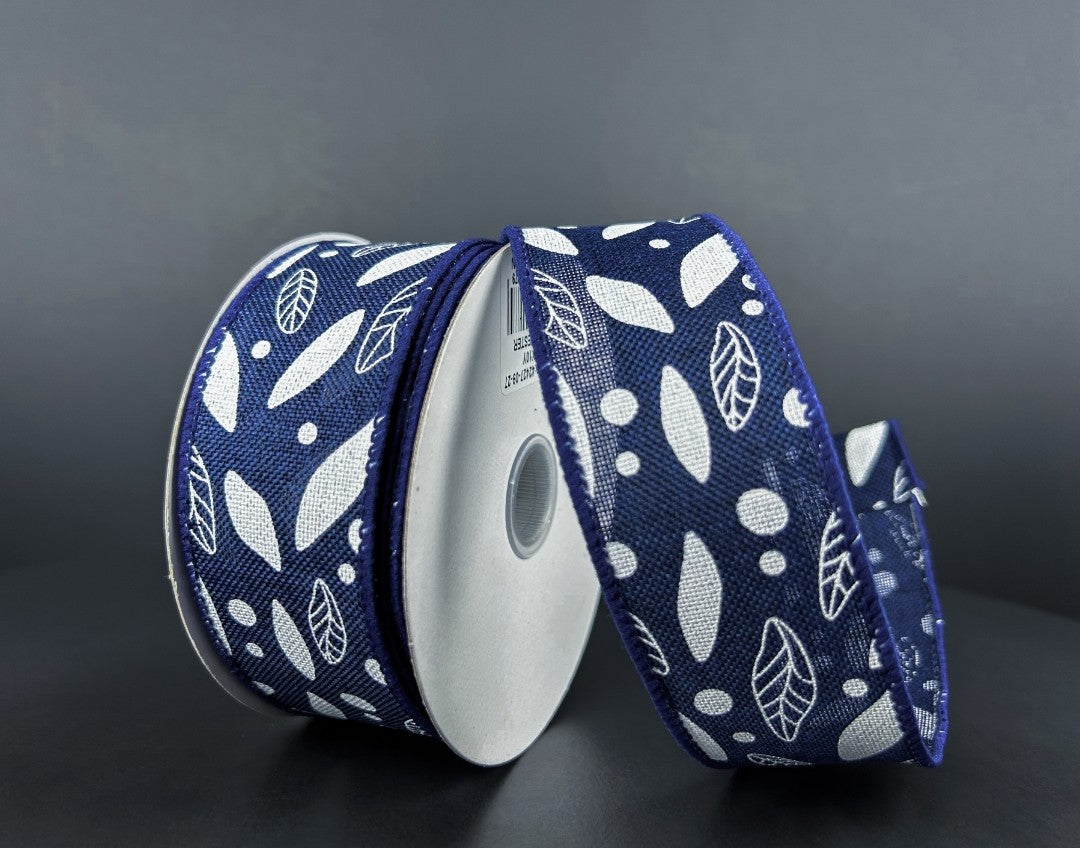 10 Yards - 1.5" Wired Navy Blue and White Leaf Ribbon