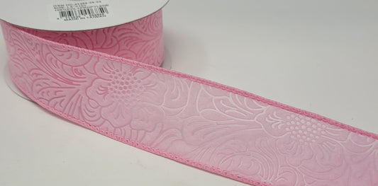 10 Yards - 1.5" Wired Pink Floral Embossed Ribbon