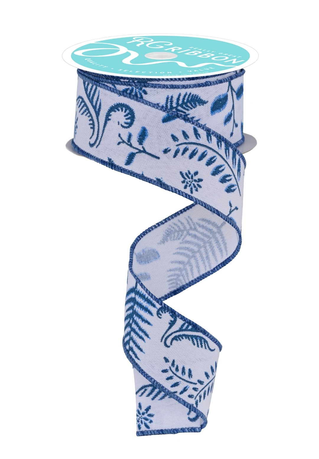 10 Yards - 1.5" Wired Blue and White Greenery Ribbon