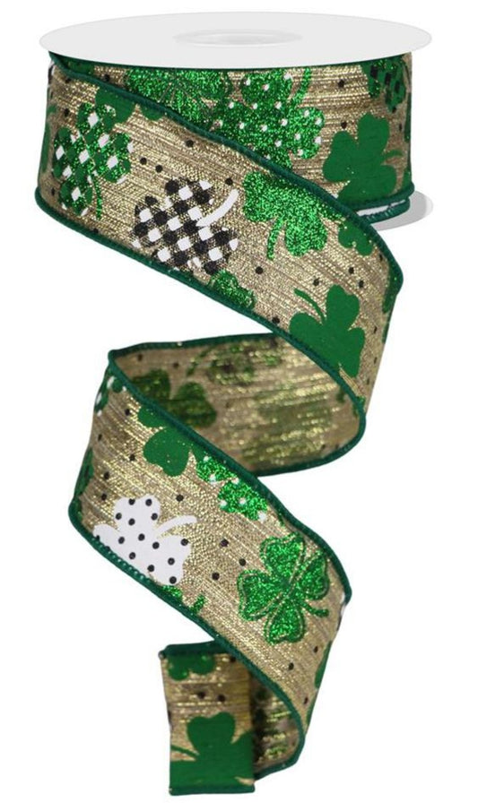 10 Yards - 1.5" Wired Gold Metallic St Patrick's Day Shamrock Ribbon with Glitter Accent