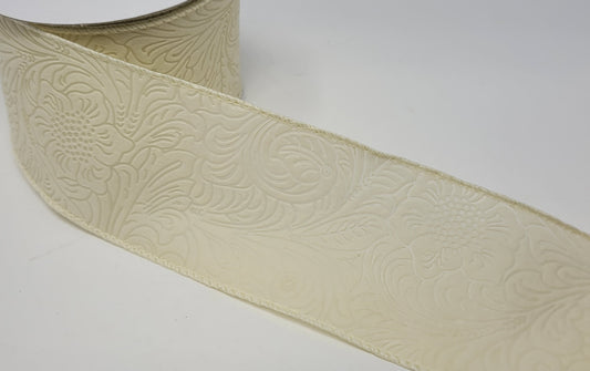 10 Yards - 2.5" Wired Cream Floral Embossed Ribbon