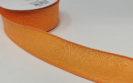 10 Yards - 1.5" Wired Orange Floral Embossed Ribbon