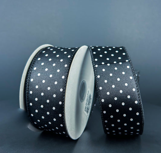 10 Yards - 1.5" Wired Black and White Tiny Polka Dot Ribbed Satin Ribbon