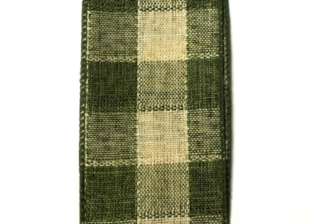 10 Yards - 2.5" Wired Olive Green and Tan Check Ribbon