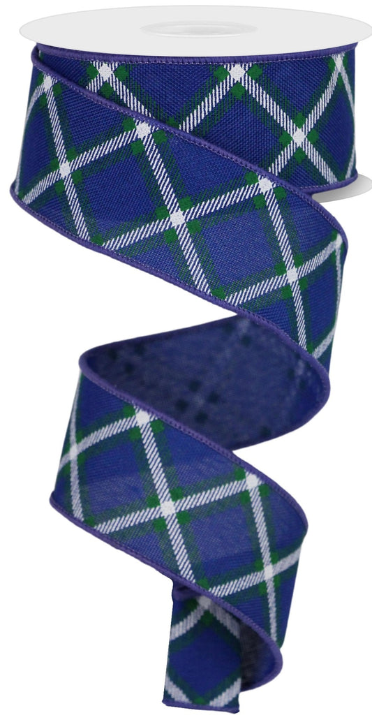 10 Yards - 1.5" Wired Royal Blue, Green, and White Cross Plaid Ribbon