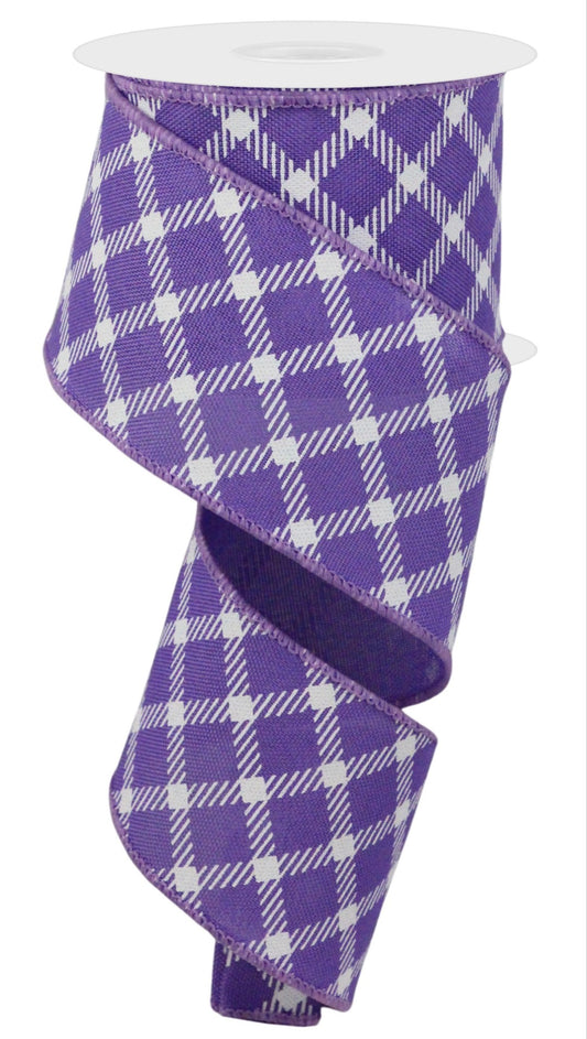 10 Yards - 2.5" Wired Purple and White Cross Plaid Ribbon