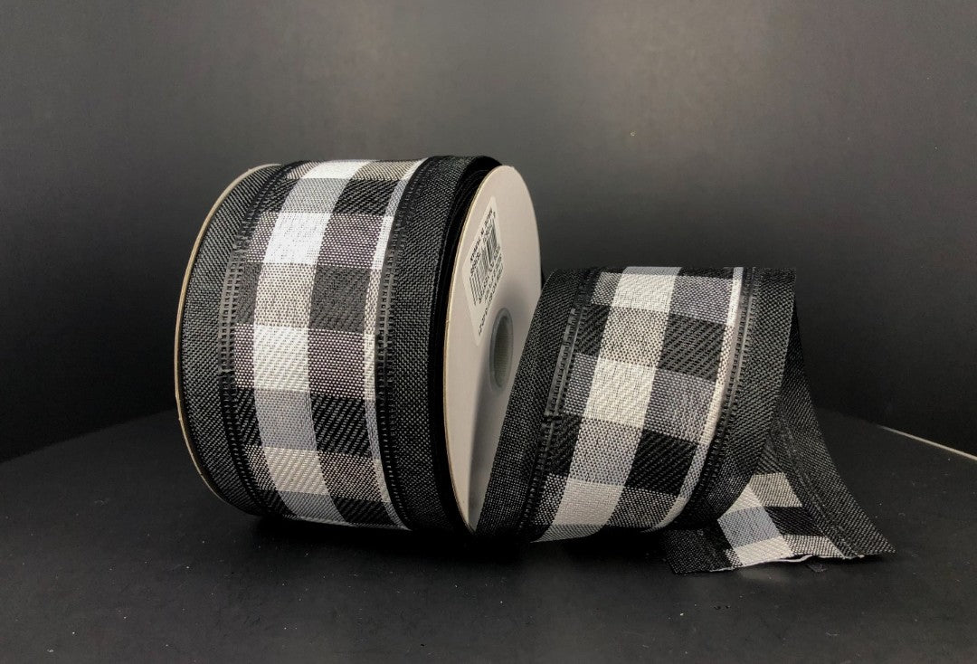 10 Yards - 2.5" Wired Black and White Check Ribbon with Black Edging