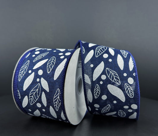 10 Yards - 2.5" Wired Navy Blue and White Leaf Ribbon