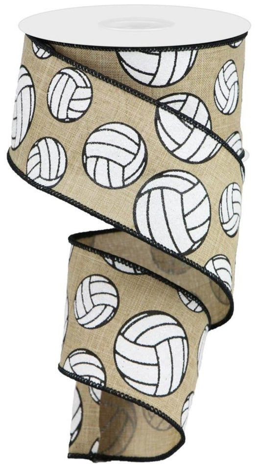 10 Yards - 2.5" Wired Natural Background Volleyball Ribbon with Glitter Accent