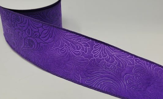 10 Yards - 2.5" Wired Purple Floral Embossed Ribbon