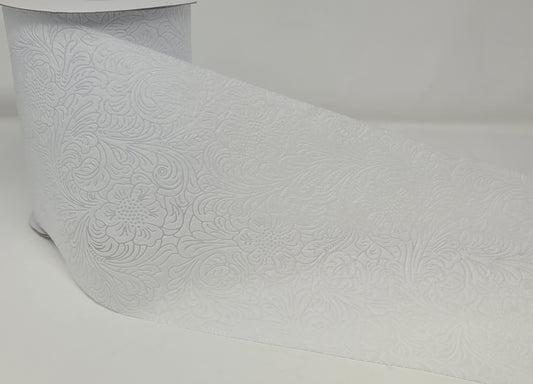 25 Yards - 6" Unwired White Floral Embossed Ribbon