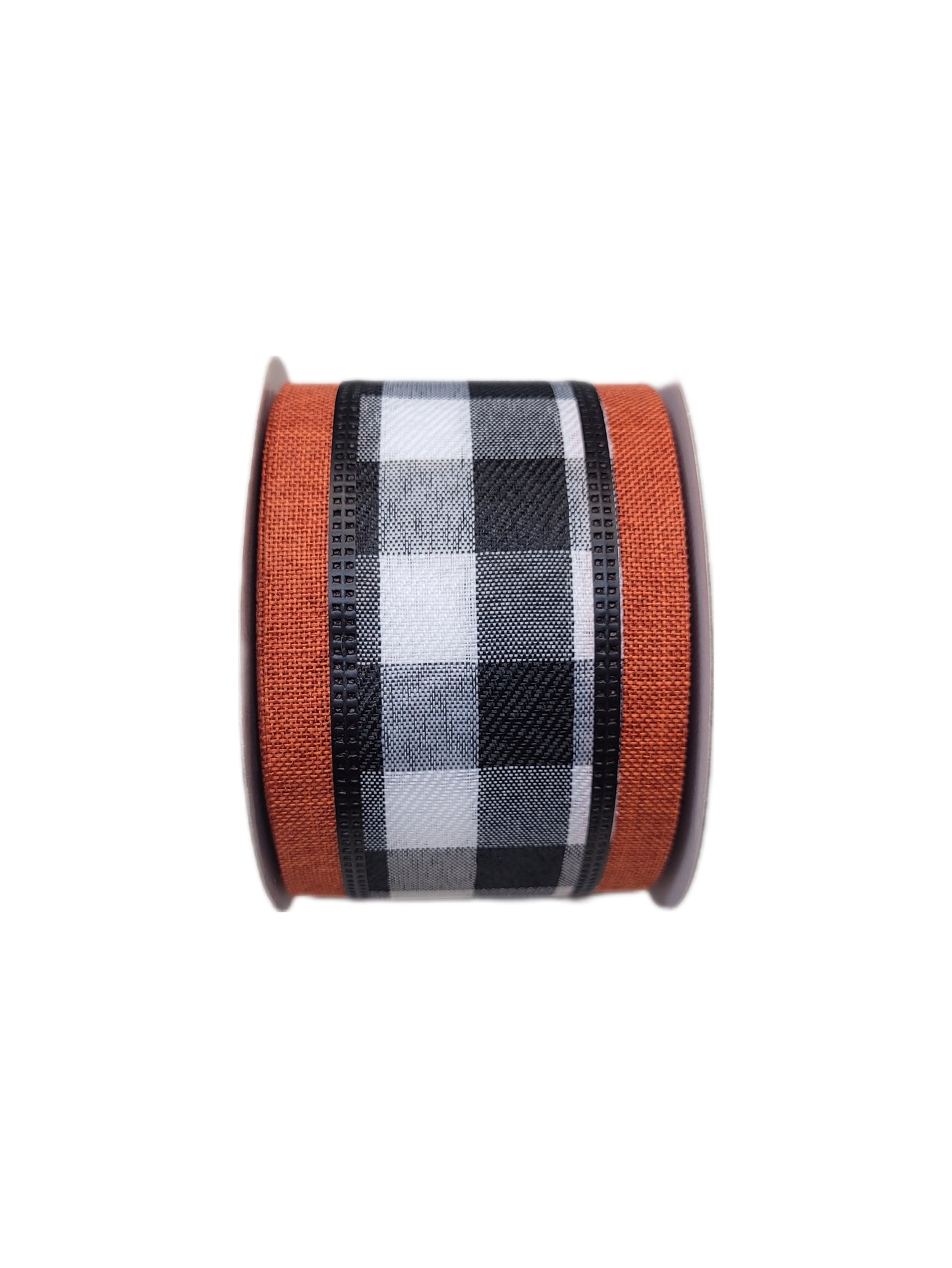 10 Yards - 2.5" Wired Black and White Check Ribbon with Burnt Orange Edging