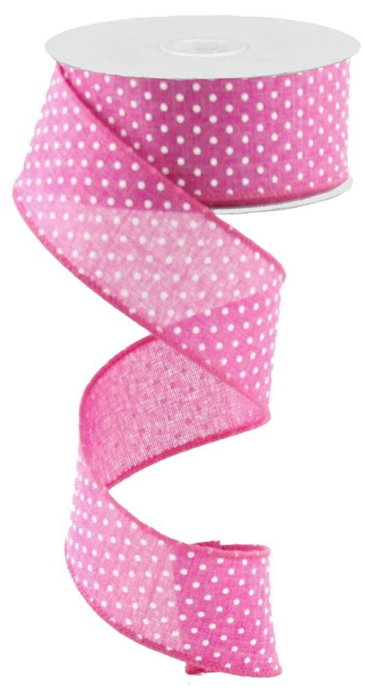 10 Yards - 1.5" Wired Fuschia Pink and White Swiss Dot Ribbon