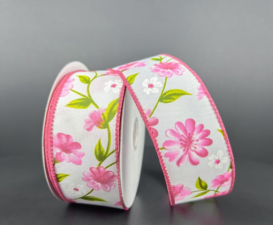 10 Yards - 1.5" Wired White Background Pink Floral Ribbon