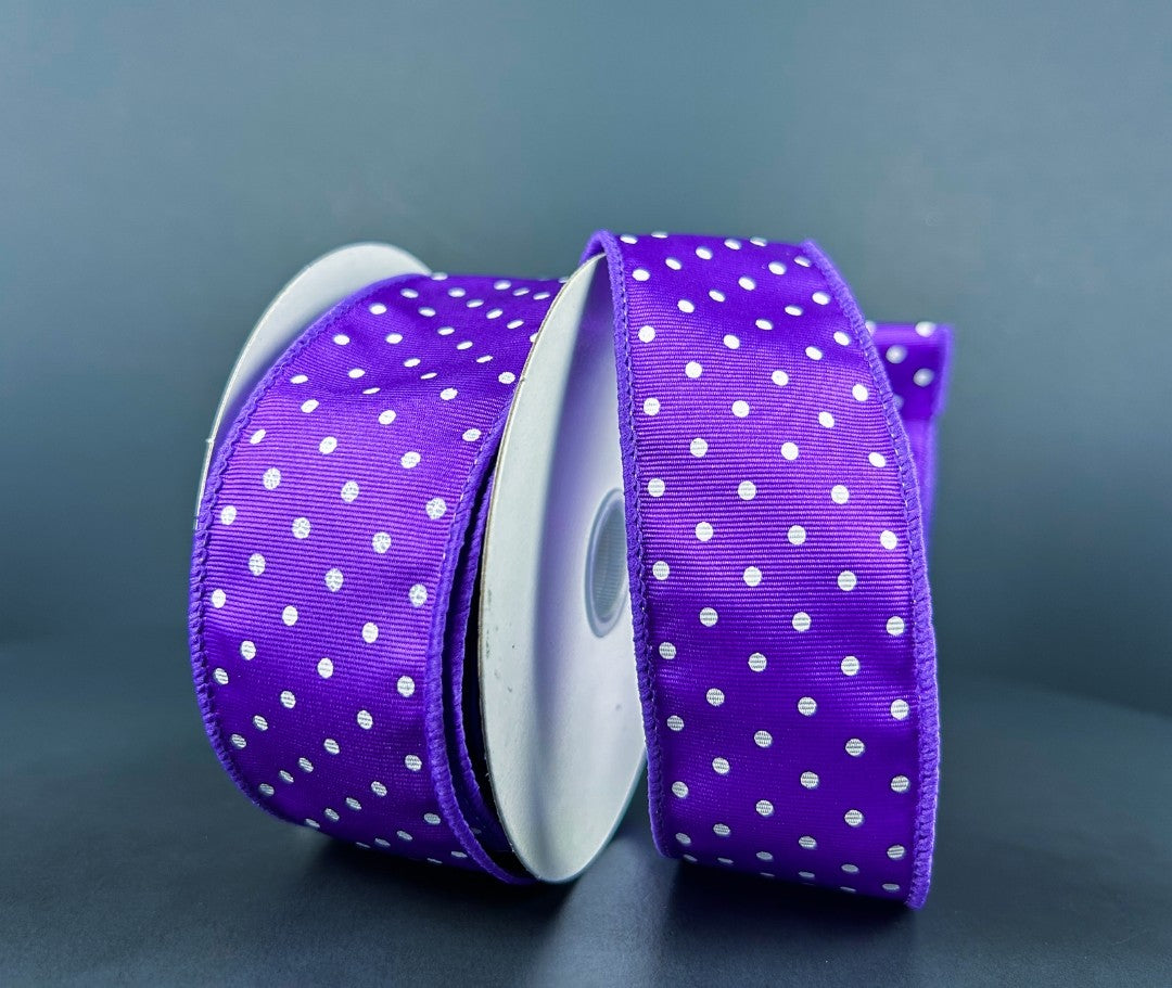 10 Yards - 1.5" Wired Purple and White Tiny Polka Dot Ribbed Satin Ribbon