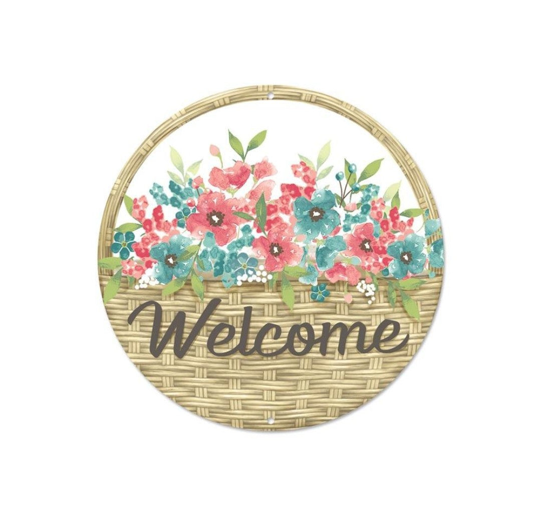 8" Round Metal Welcome Floral Basket Sign