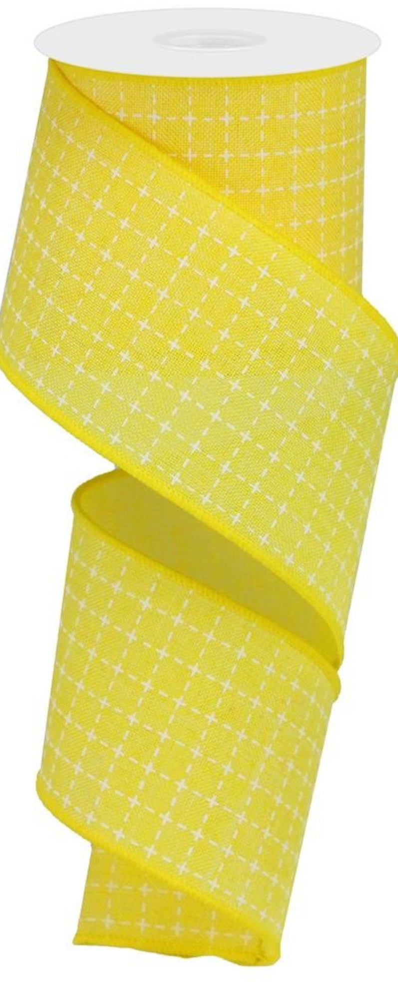 10 Yards - 2.5" Wired Yellow and White Faux Stitched Check Ribbon