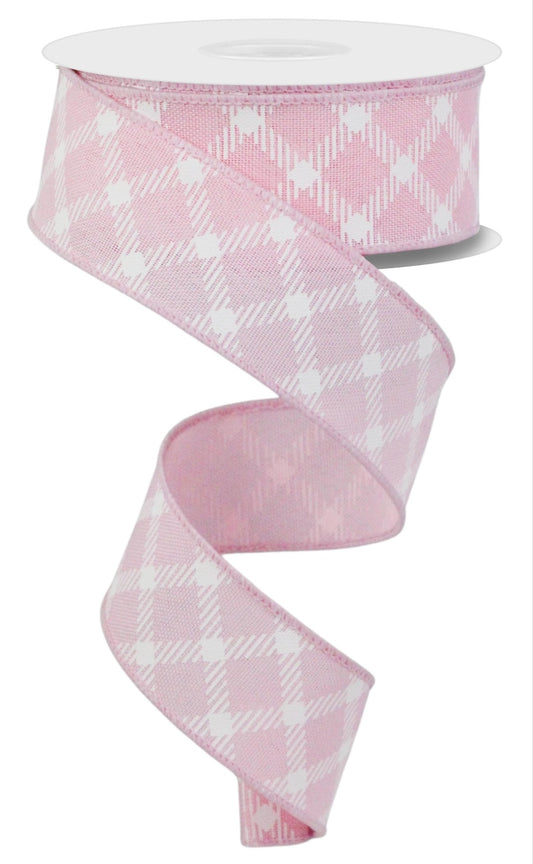 10 Yards - 1.5" Wired Light Pink and White Cross Plaid Ribbon