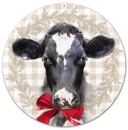 12" Round Metal Cow with Bow Wreath Sign