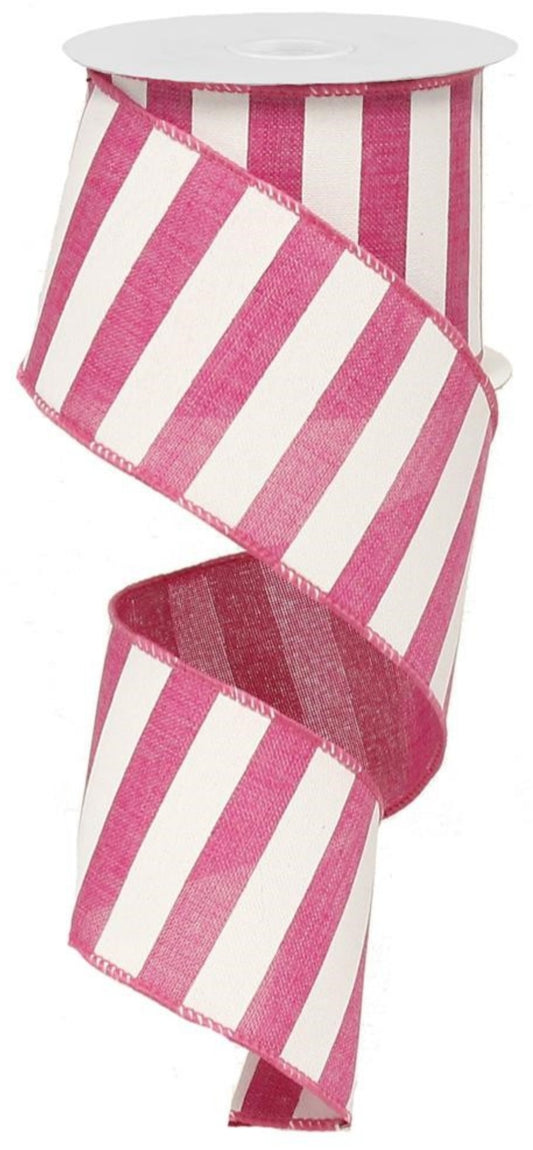 10 Yards - 2.5" Wired Hot Pink and White Stripe Ribbon