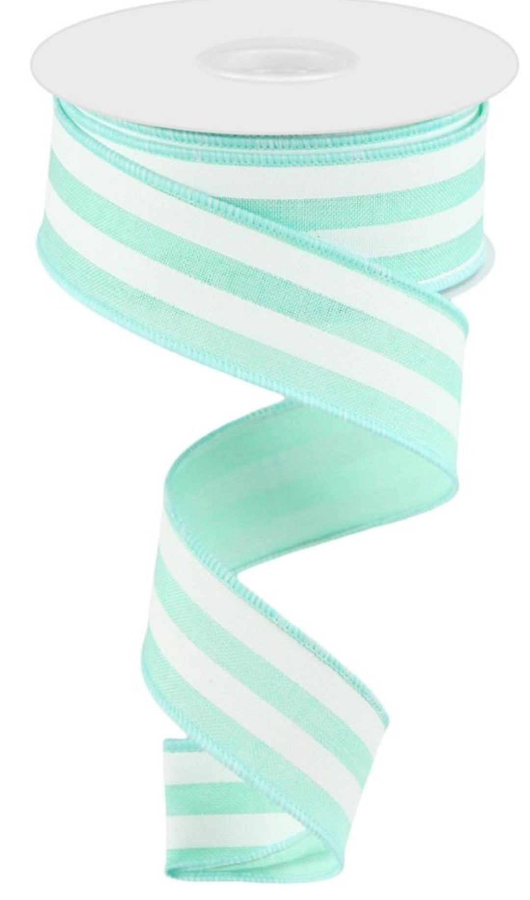 10 Yards - 1.5" Wired Mint and White Stripe Ribbon