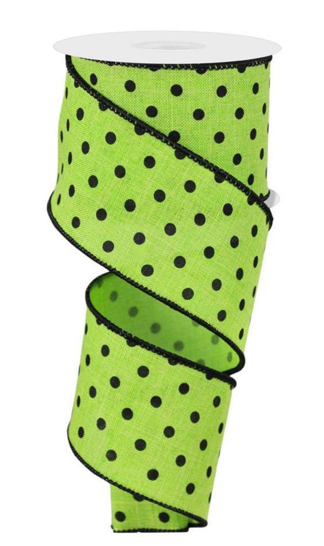 10 Yards - 2.5" Wired Lime Green and Black Polka Dot Ribbon