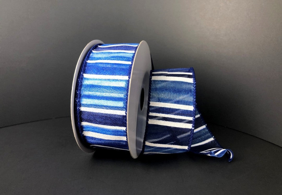 10 Yards - 1.5" Wired Semi-Sheer Blue and White Stripe Ribbon